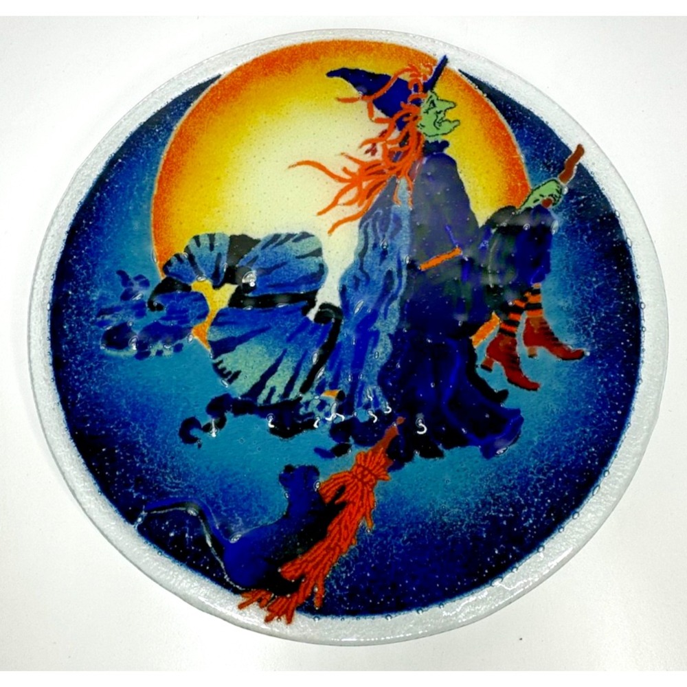 Peggy Karr Fused Glass Halloween Plate Witch Cat Art 11 in
